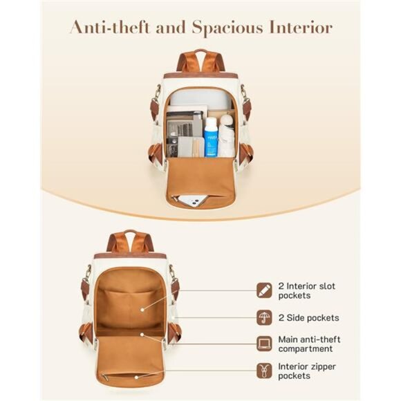 PU Leather Anti-theft Backpack, White Brown - Picture 3 of 6